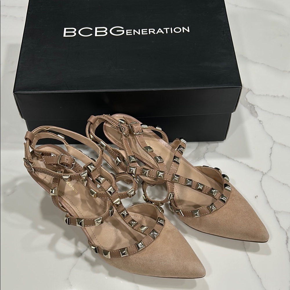 BCBGeneration Tan Studded Heels